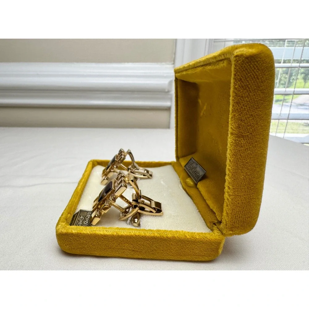 Vintage Hickok Brutalist Gold Tone Tiger Eye Look Cufflinks Oleg Cassini Box
